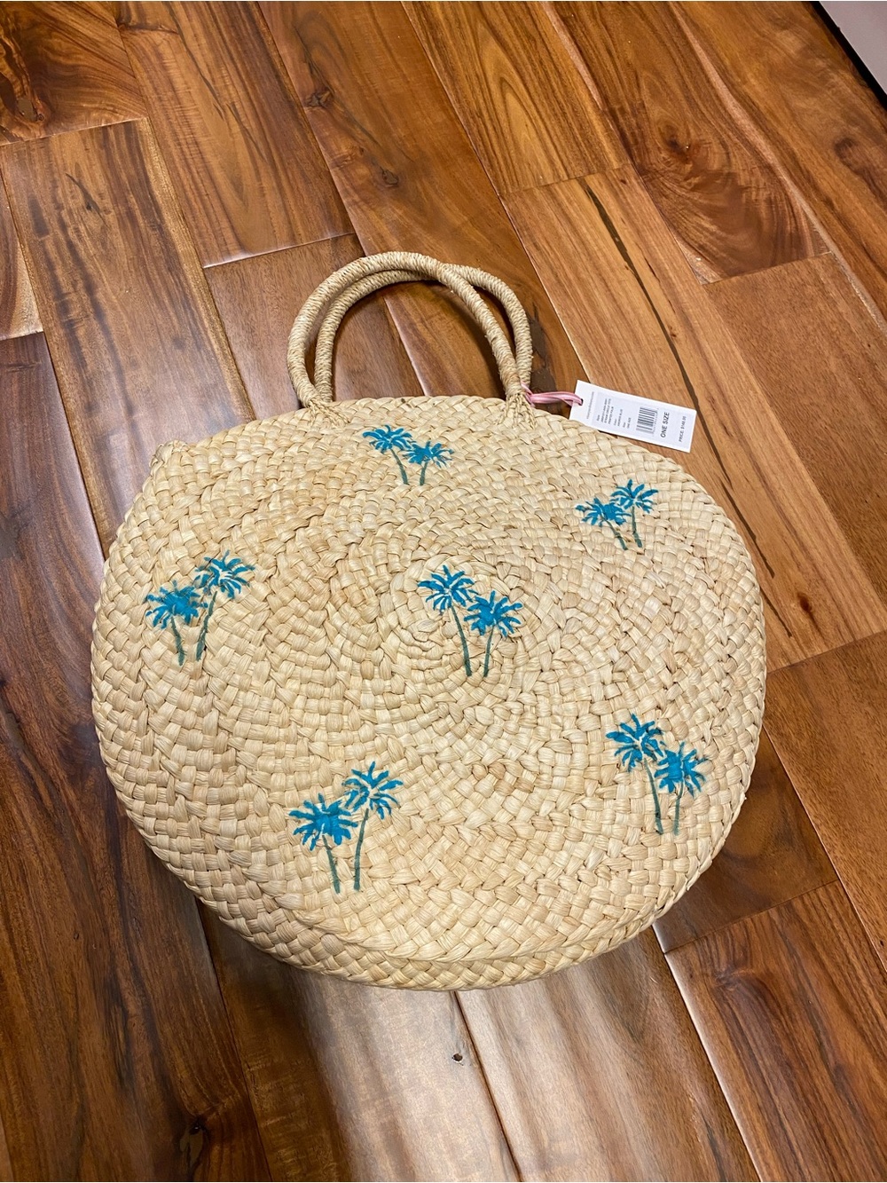 Handwoven Straw Palm Tote Bag - Natural with Turquoise Embroidery